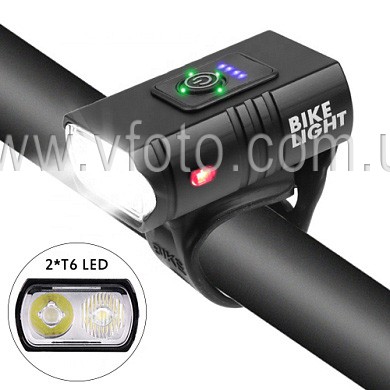 Велофонарь BK-02Pro-2XPE ULTRA LIGHT, ALUMINUM, индикация заряда, Waterproof, аккум., ЗУ micro USB (8074)