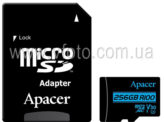 Карта памяти Apacer microSDXC 256GB UHS-I U3 V30 (AP256GMCSX10U7-R) + SD адаптер (6410590)