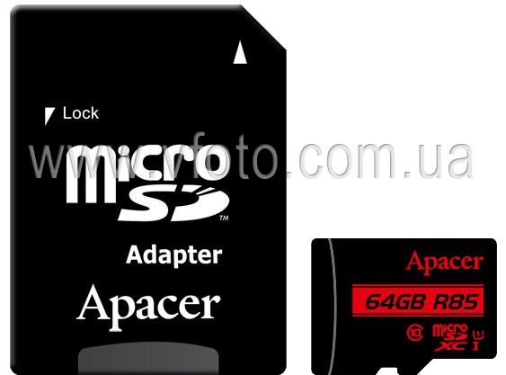 Карта памяти Apacer microSDXC 64GB UHS-I U1 Class 10 (AP64GMCSX10U5-R) + SD адаптер (6351987)