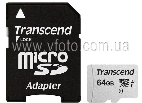 Карта памяти Transcend microSDXC 64GB UHS-I U1 (TS64GUSD300S-A) + SD адаптер (6412860)